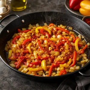 Peppers and onion sauteing with smoked paprika