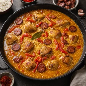Saffron stock covering rice, chicken, and chorizo