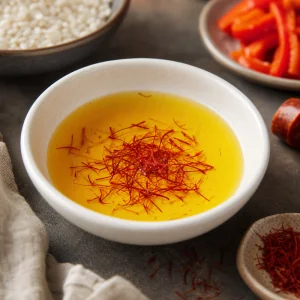 Saffron threads steeping in warm water