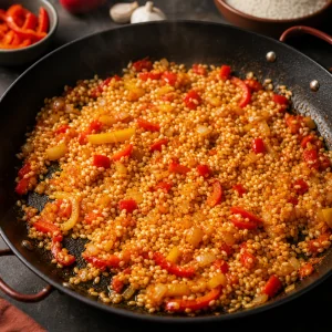 Short-grain rice toasting with peppers