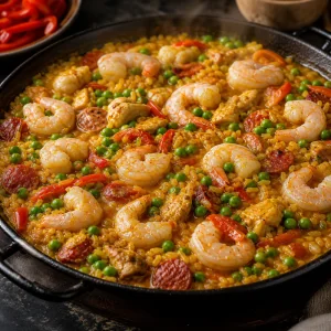 Shrimp and peas simmering on saffron rice