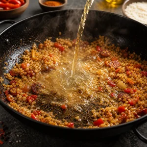 White wine deglazing toasted rice and peppers