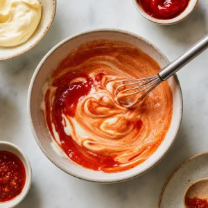 Molho aji maionese e ketchup misturados num molho vermelho cremoso