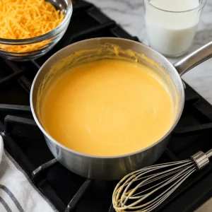 Molho cremoso de queijo cheddar derretido ate ficar liso numa panela