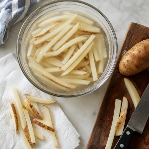 Batatas cruas em palitos de molho em agua fria antes de serem secas para salchipapas