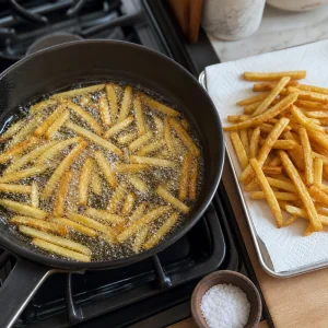 Batatas fritas finas fritando em oleo quente ate ficarem douradas e crocantes