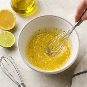 Lemon lime Dijon garlic and olive oil dressing whisked in a small bowl