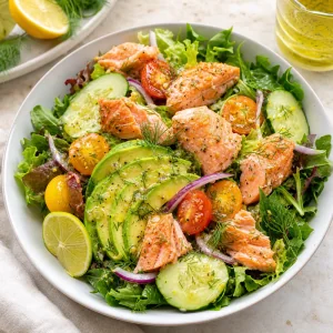 Salmon salad with avocado citrus dressing cherry tomatoes cucumber red onion and fresh dill