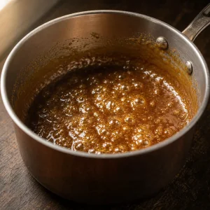 Amber caramel bubbling in a saucepan