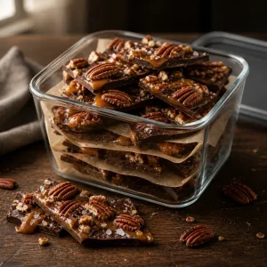 Chocolate caramel pecan bark stored between parchment layers