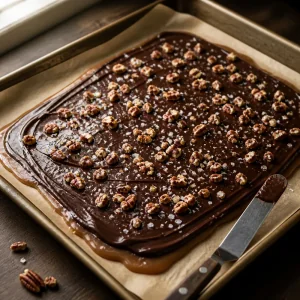 Chocolate spread over caramel with pecans and flaky salt