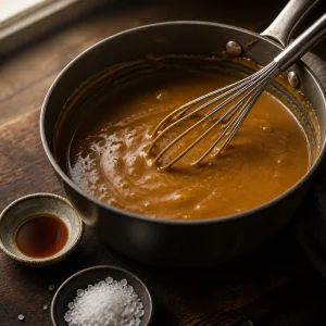 Creamy caramel whisked smooth with vanilla and salt nearby