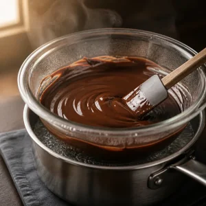 Glossy melted chocolate in a bowl over simmering water