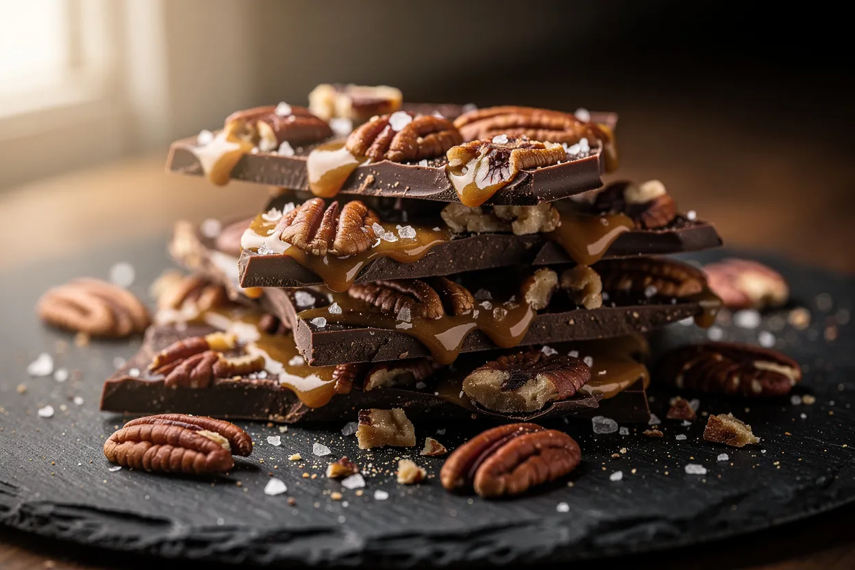 Salted Brown Butter Caramel Chocolate Bark with Pecans