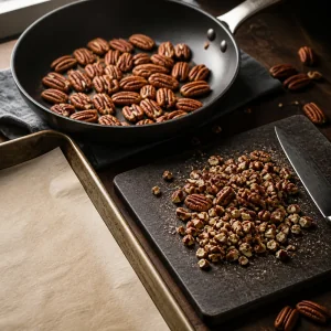 Toasted pecans in a skillet beside chopped pecans