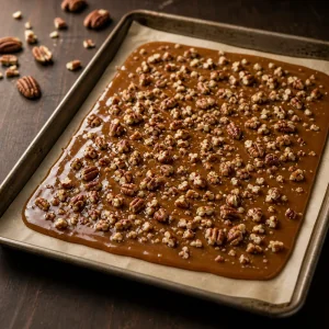 Warm caramel layer on parchment covered with chopped pecans