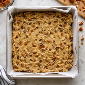 Blondie batter with caramel pieces spread in a lined pan