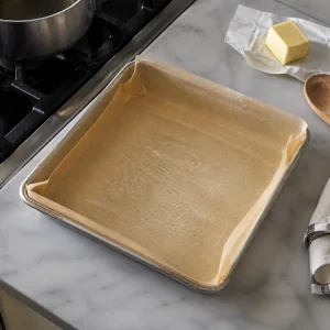 Buttered parchment-lined pan ready for caramel