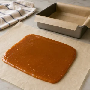 Caramel cooling on parchment beside a lined pan
