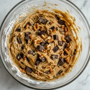 Chocolate chunks and broken pretzels on blondie batter