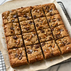Cooled blondies cut into neat squares on parchment