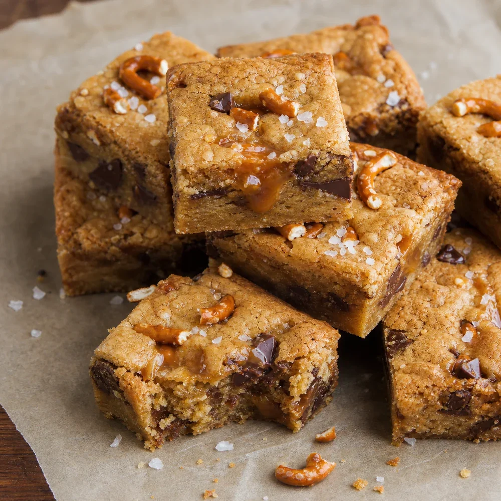 Finished salted caramel pretzel blondies cut into squares