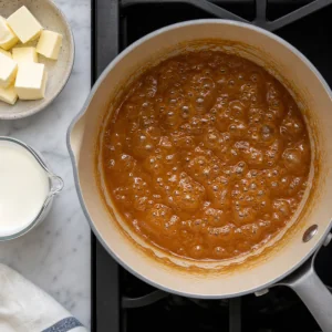 Glossy salted caramel bubbling in a saucepan