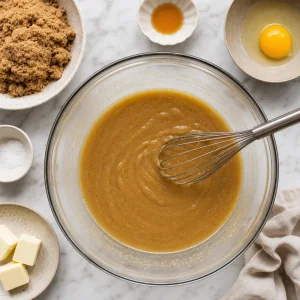 Smooth brown sugar blondie batter in a mixing bowl