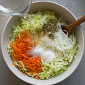 Cabbage, carrot, onion, oregano, vinegar, salt, and sugar in a bowl