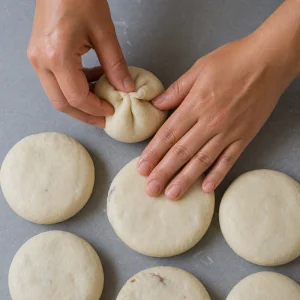Filled masa being sealed and shaped into pupusas