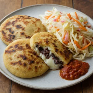 Finished pupusas with curtido and salsa roja