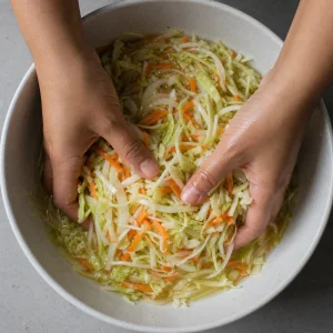 Hands massaging curtido vegetables in vinegar brine