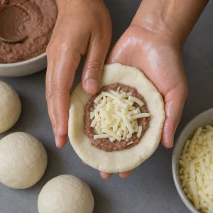 Masa disk filled with beans and shredded cheese