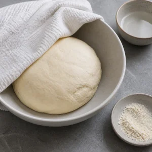 Masa dough resting under a damp towel