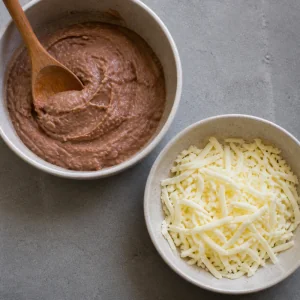 Refried beans and shredded cheese in separate bowls