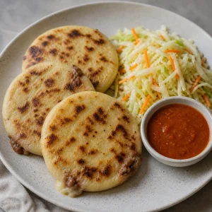 Warm pupusas served with curtido and salsa roja