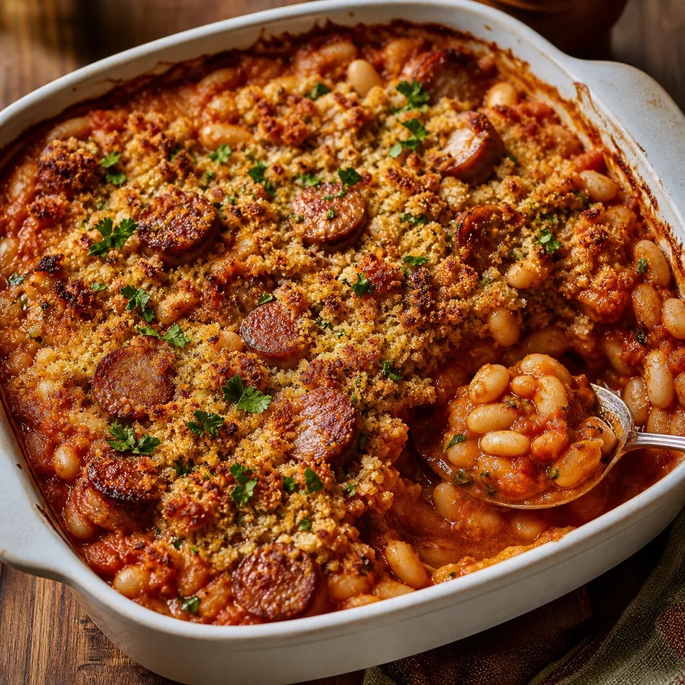 황금빛 빵가루 토핑을 올린 완성된 소시지 흰콩 구이