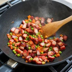 Pokrojona wieprzowina BBQ smażona z groszkiem i marchewką do lekkiej karmelizacji