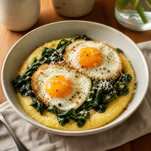 Creamy polenta topped with sautéed greens, fried eggs, Parmesan, and pepper