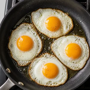 Four fried eggs with set whites and crisp edges in a skillet