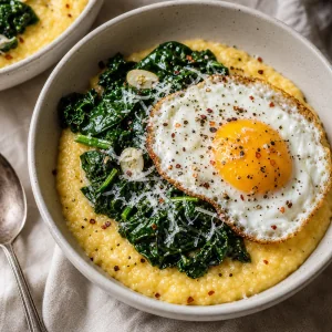 Polenta bowl topped with greens, a fried egg, Parmesan, and pepper flakes
