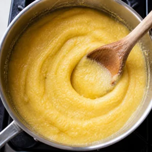 Thick creamy polenta being stirred in a saucepan
