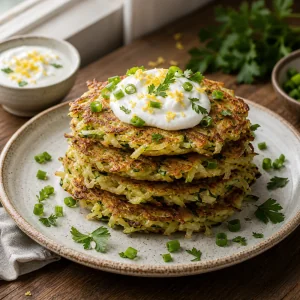 Crisp vegetable pancakes topped with yogurt and herbs