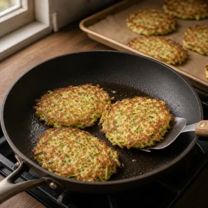 Golden cabbage zucchini pancakes frying in a skillet