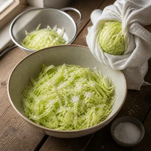 Shredded cabbage salted in a ceramic bowl