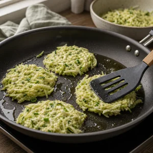 Vegetable pancake batter flattened in a skillet