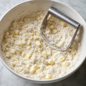 Cold butter pieces worked into the flour mixture