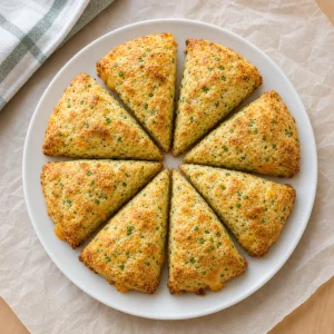 Eight golden cheddar herb scones on a plate