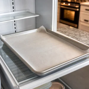 Parchment-lined baking sheet chilling in the refrigerator