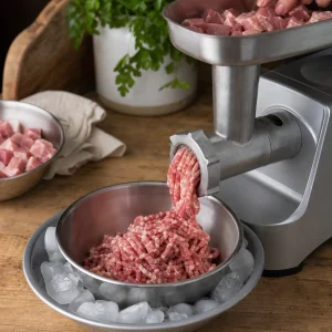 Chilled pork ground through a medium die into a bowl over ice
